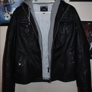 Women’s Black leather jacket with hood and liner
